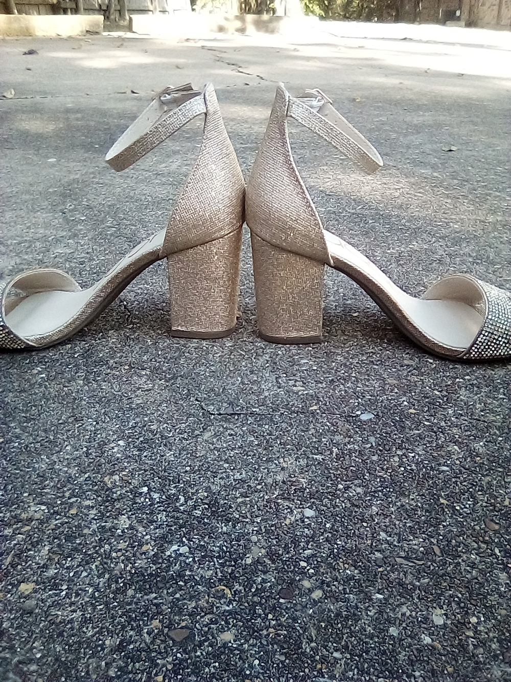 Sparkle Block Heel Ankle-Strap Sandals in Champagne Gold